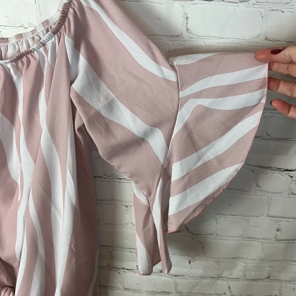 Asvivid Pink & White Off The Shoulder Top Flare Sleeve Tie Knot Blouses Size 2X